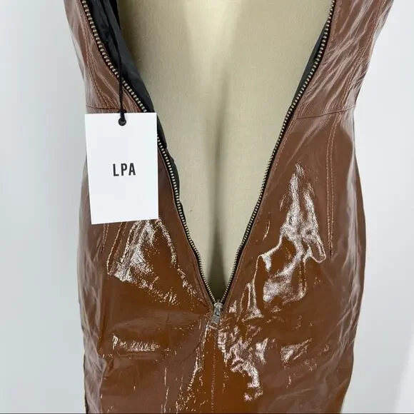 LPA x Revolve Ophelia 100% Leather Midi Dress Brown Women’s Size Small NWT - Picture 10 of 12